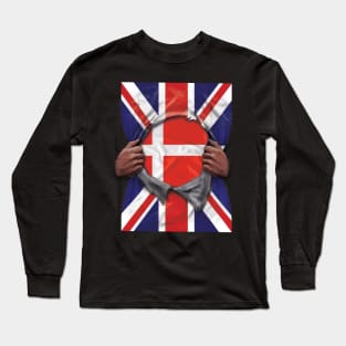 Denmark Flag Great Britain Flag Ripped - Gift for Danish From Denmark Long Sleeve T-Shirt